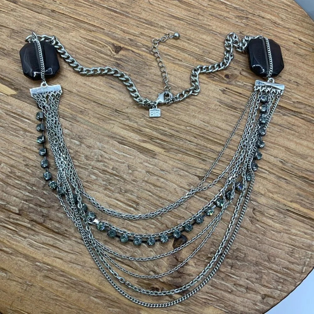 Banana Republic Multi Chains Layered Rhinestone Silver Tone Smokey Necklace - Picture 2 of 6